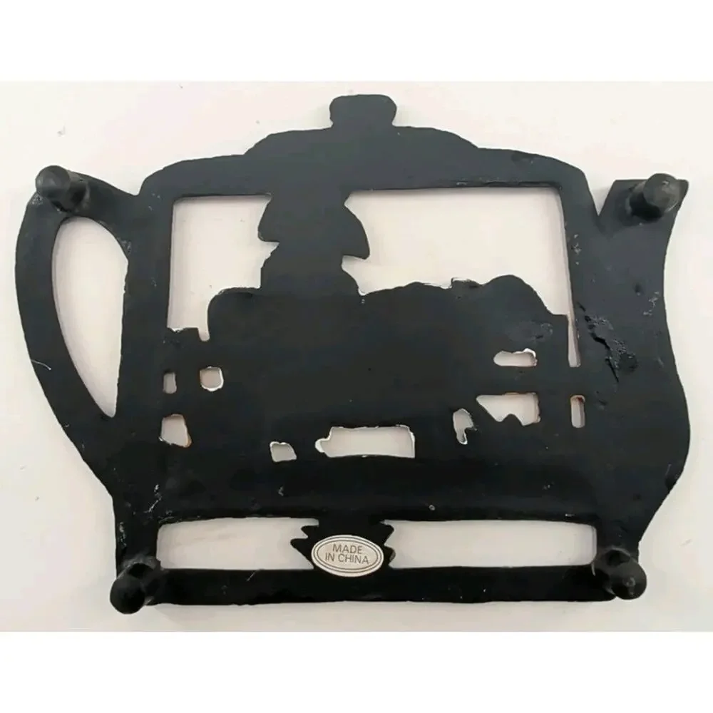 Vintage Cast Iron Teapot White Cow Black Spots Footed Trivet-Country Rustic Farm